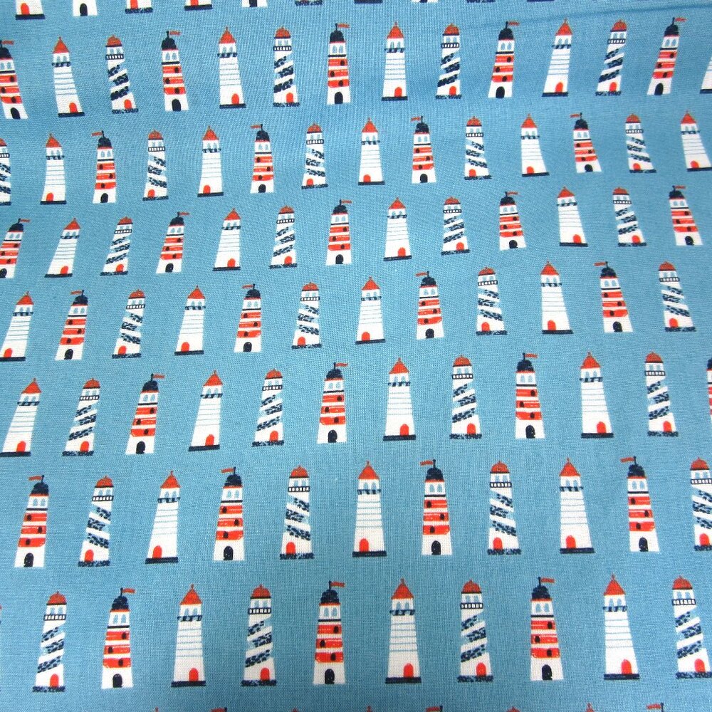 Emma & Mila Lighthouses 8 Yards 100% Cotton Quilting Fabric Blue Red White